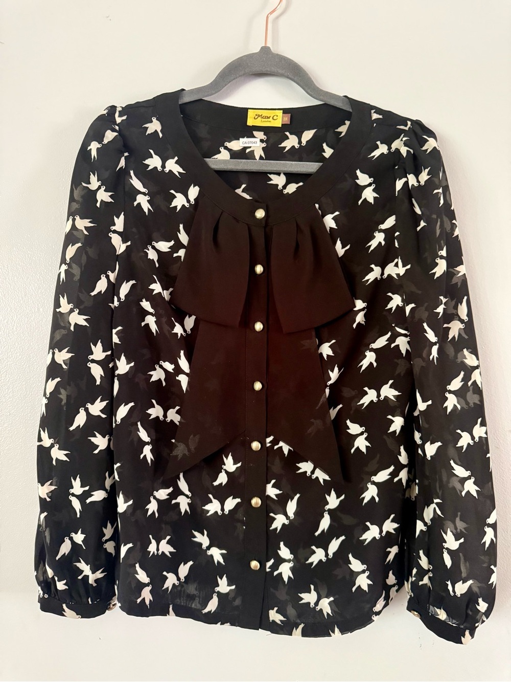 Max C Black Sheer Bird Print Blouse Bow Accent Gold Buttons Size M Y2K Coquette